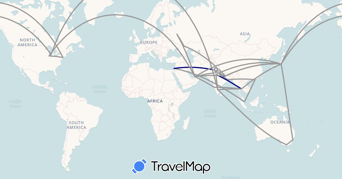 TravelMap itinerary: driving, plane in United Arab Emirates, Australia, China, Israel, India, Japan, Russia, Singapore, Thailand, United States (Asia, Europe, North America, Oceania)