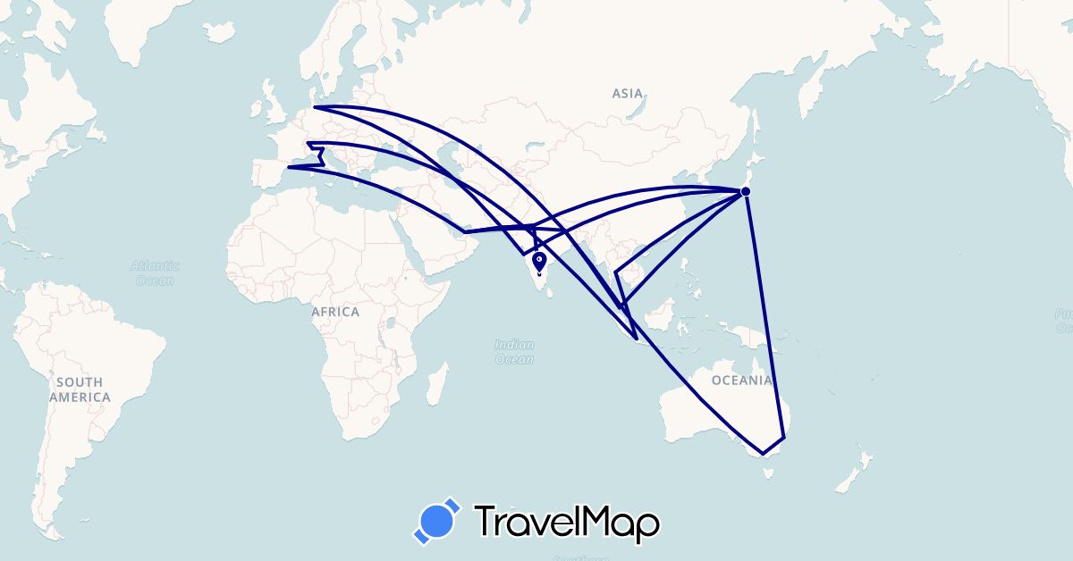 TravelMap itinerary: driving in United Arab Emirates, Australia, Switzerland, Germany, Spain, Indonesia, India, Italy, Japan, Malaysia, Singapore, Thailand, Vatican City (Asia, Europe, Oceania)