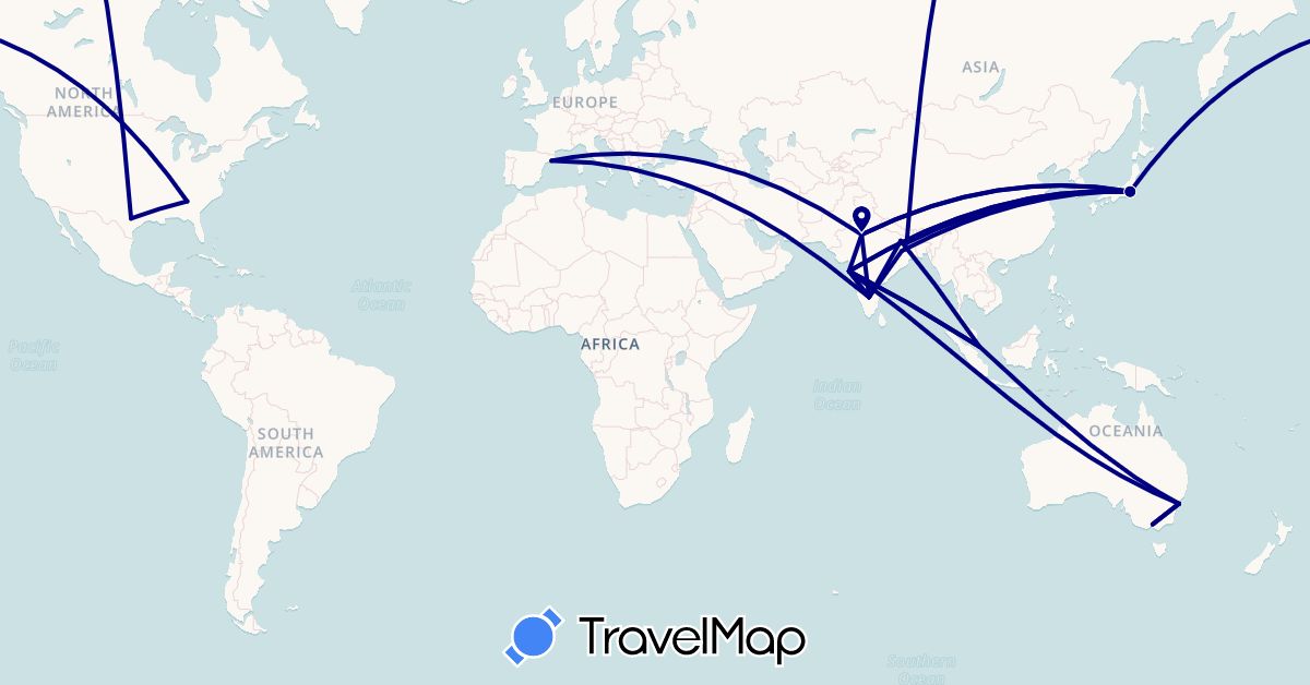 TravelMap itinerary: driving in Australia, Spain, India, Japan, Singapore, United States (Asia, Europe, North America, Oceania)